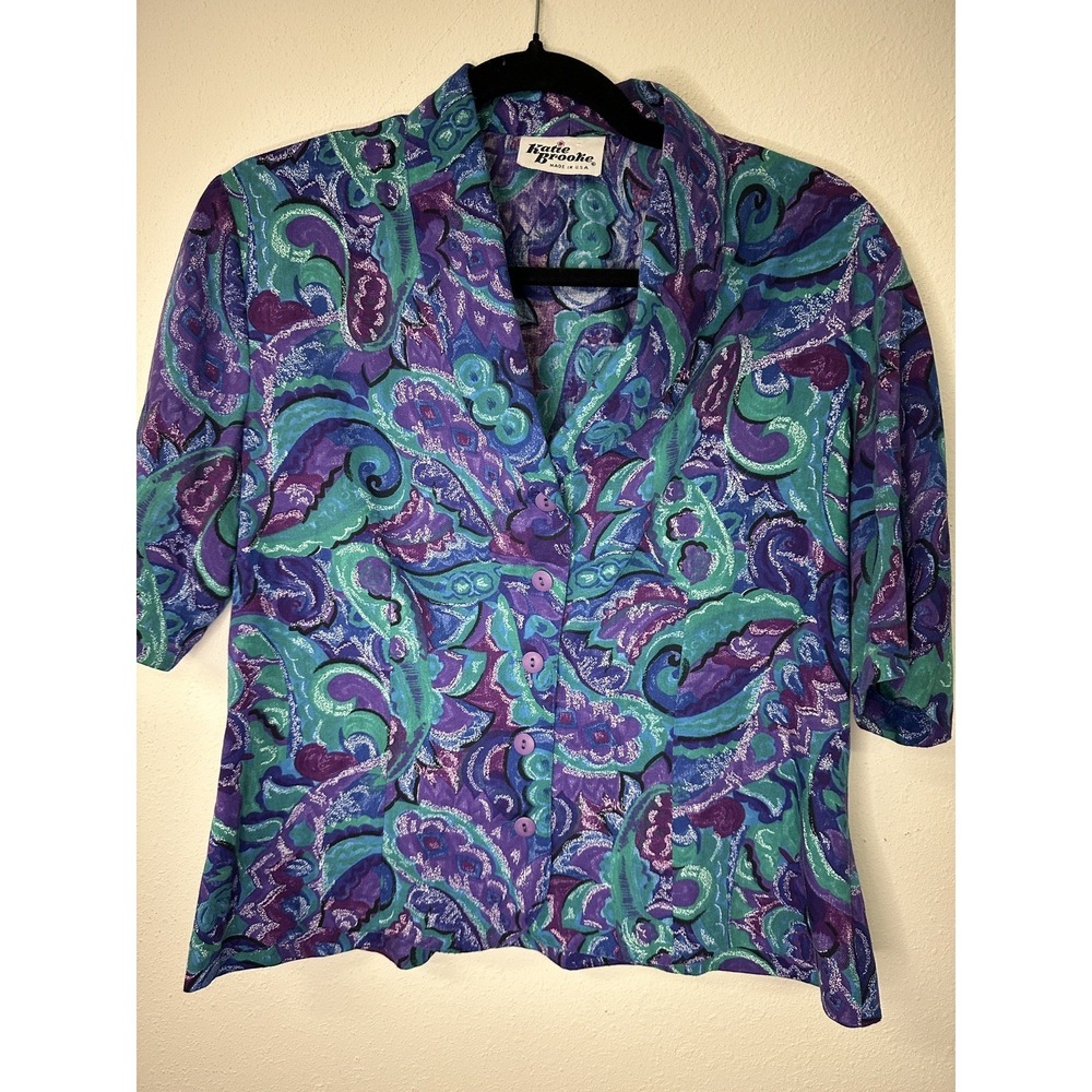 Vintage Teal Purple Floral Paisley Blouse Crop Top Women's Size 8 Medium USA